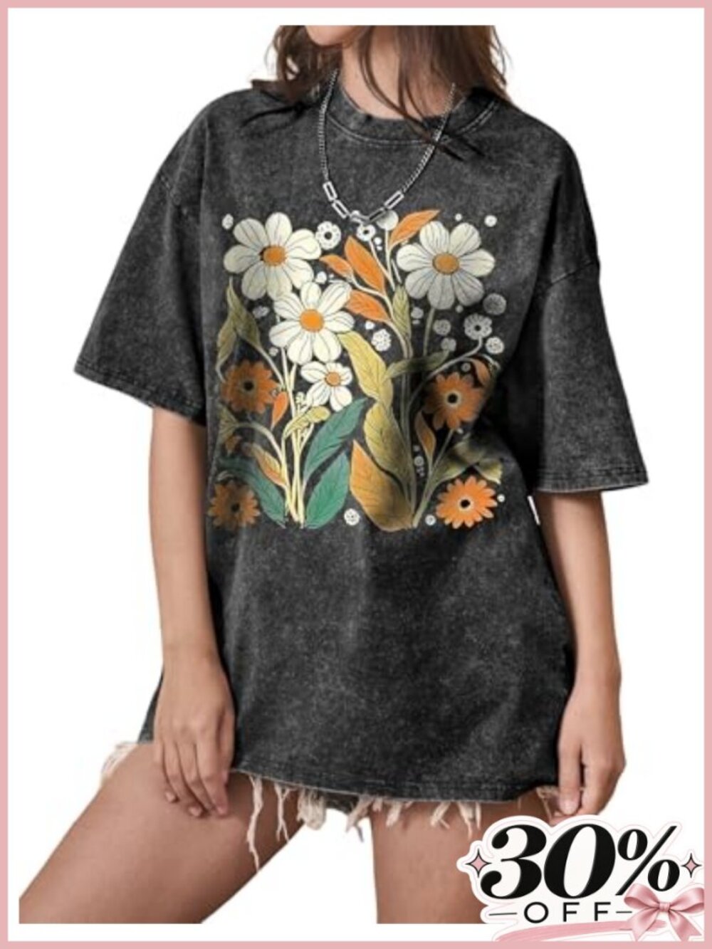 Oversized Flower Graphic T-Shirt for Women Short Sleeve Distressed